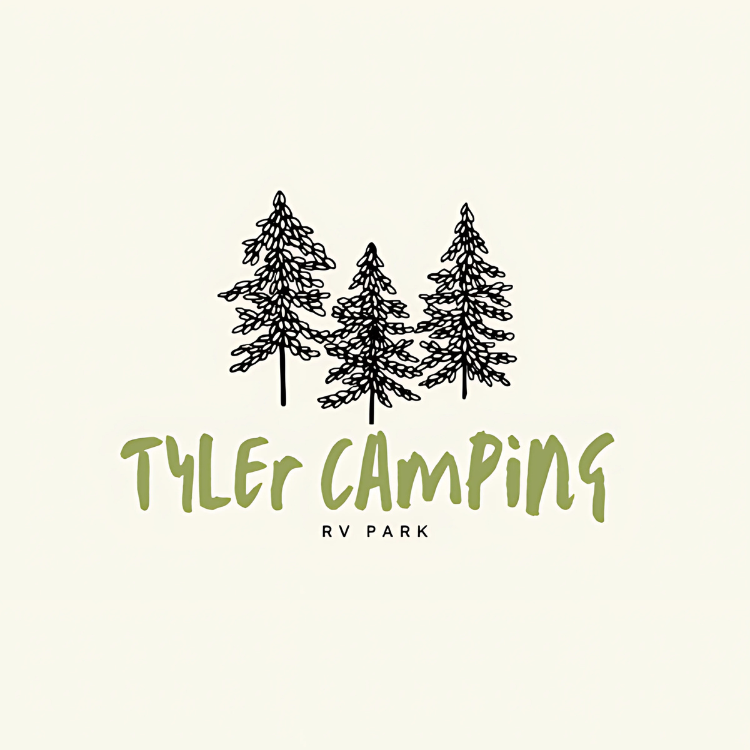 A minimal logo with three hand-drawn pine trees above the words "Tyler Camping" in green, playful font and "RV Park" in smaller black text below on a light background.